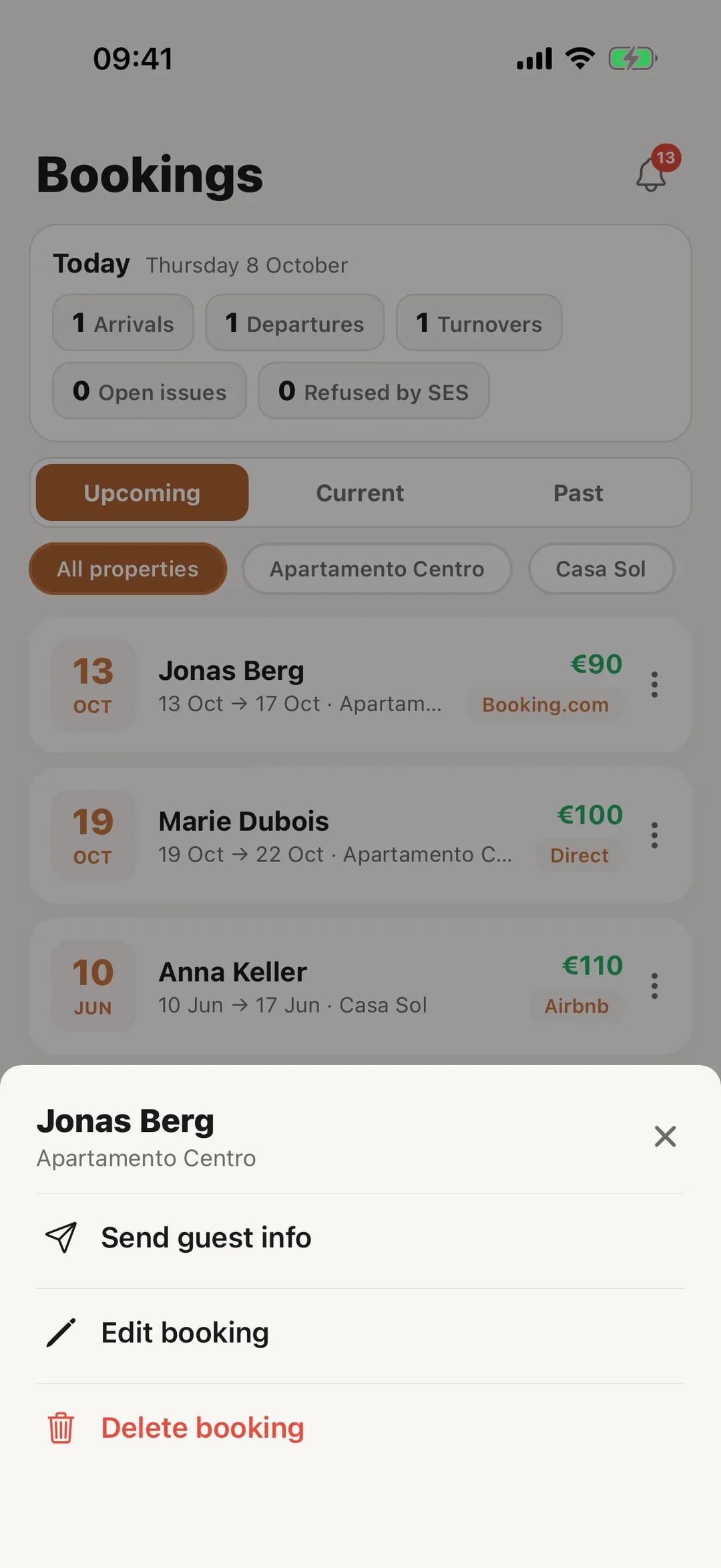 Screenshot: Send guest info, edit or delete