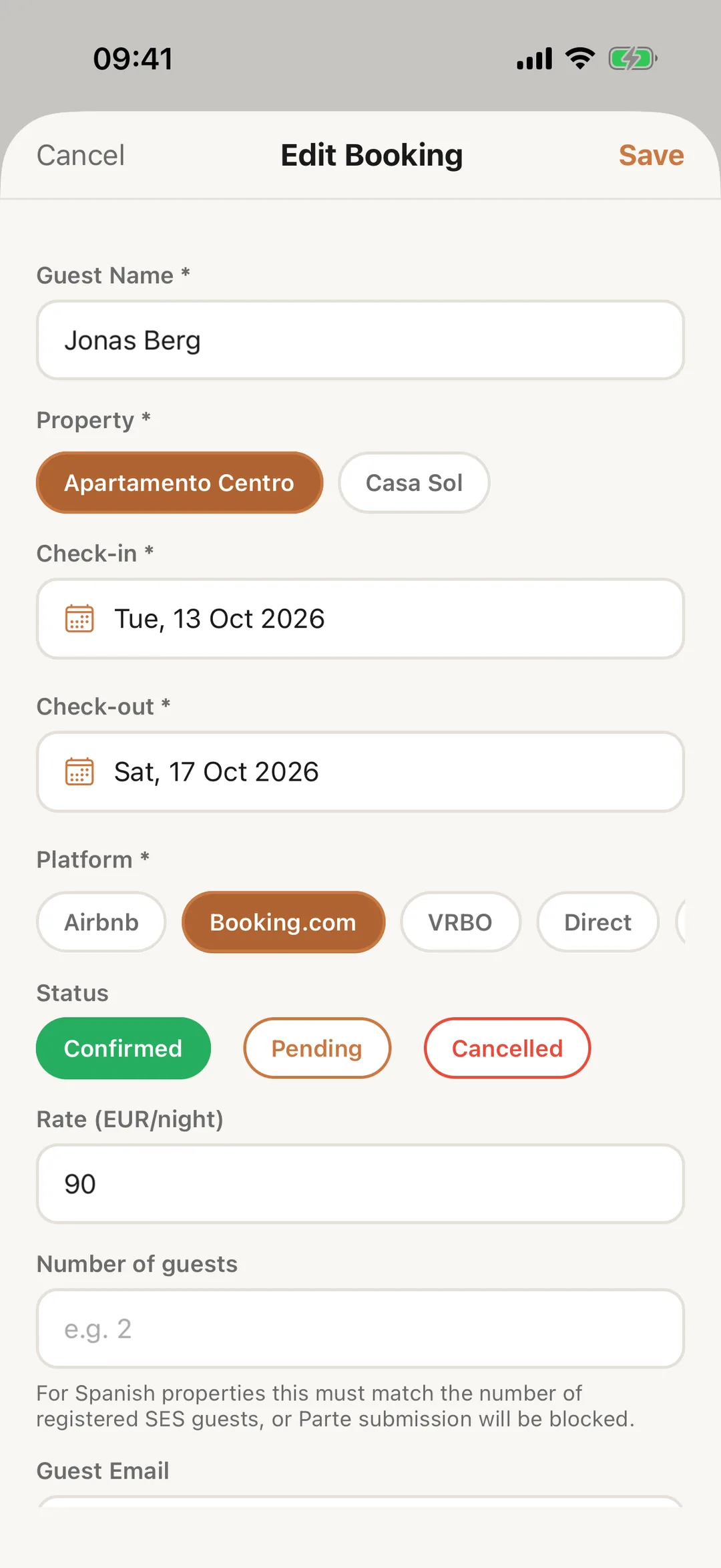 Screenshot: Open a booking
