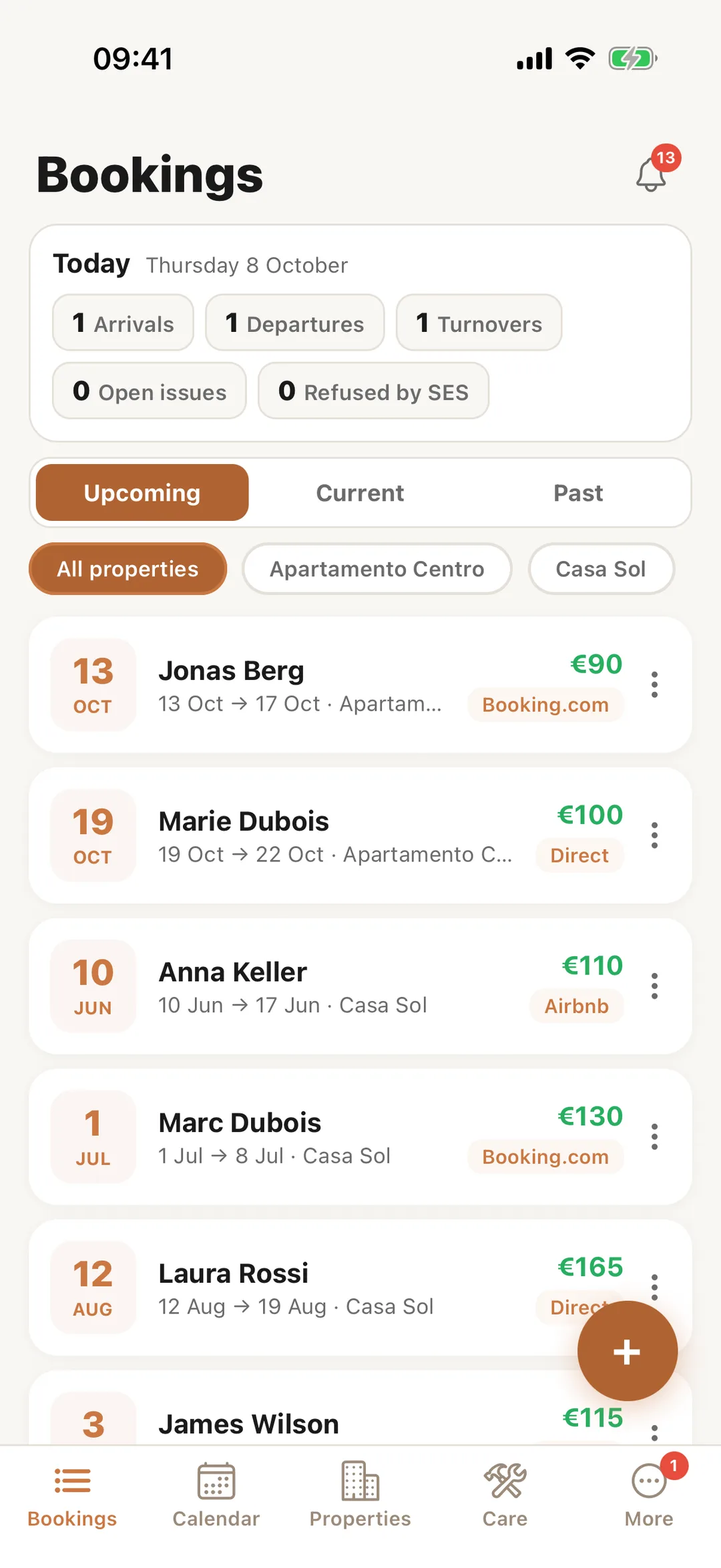 Screenshot: The Bookings tab