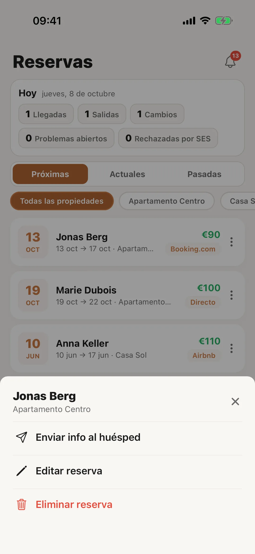 Captura de pantalla: Envía la info al huésped, edita o elimina