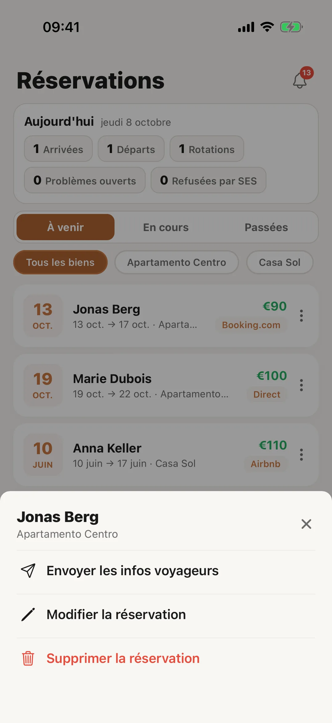 Capture d’écran : Envoyez les infos voyageurs, modifiez ou supprimez