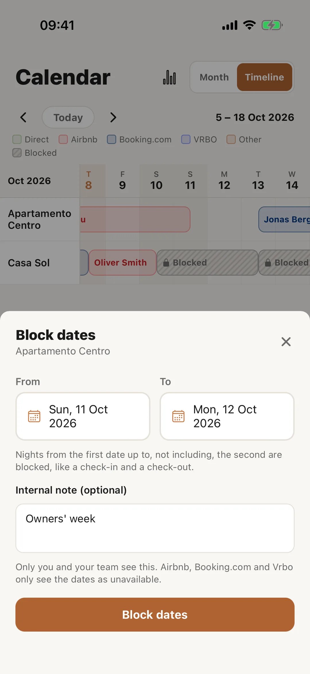 Screenshot: Block dates in the app