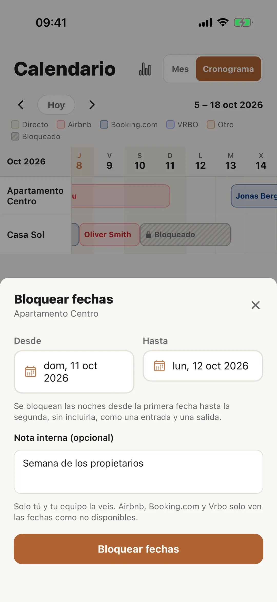 Captura de pantalla: Bloquea fechas en la app