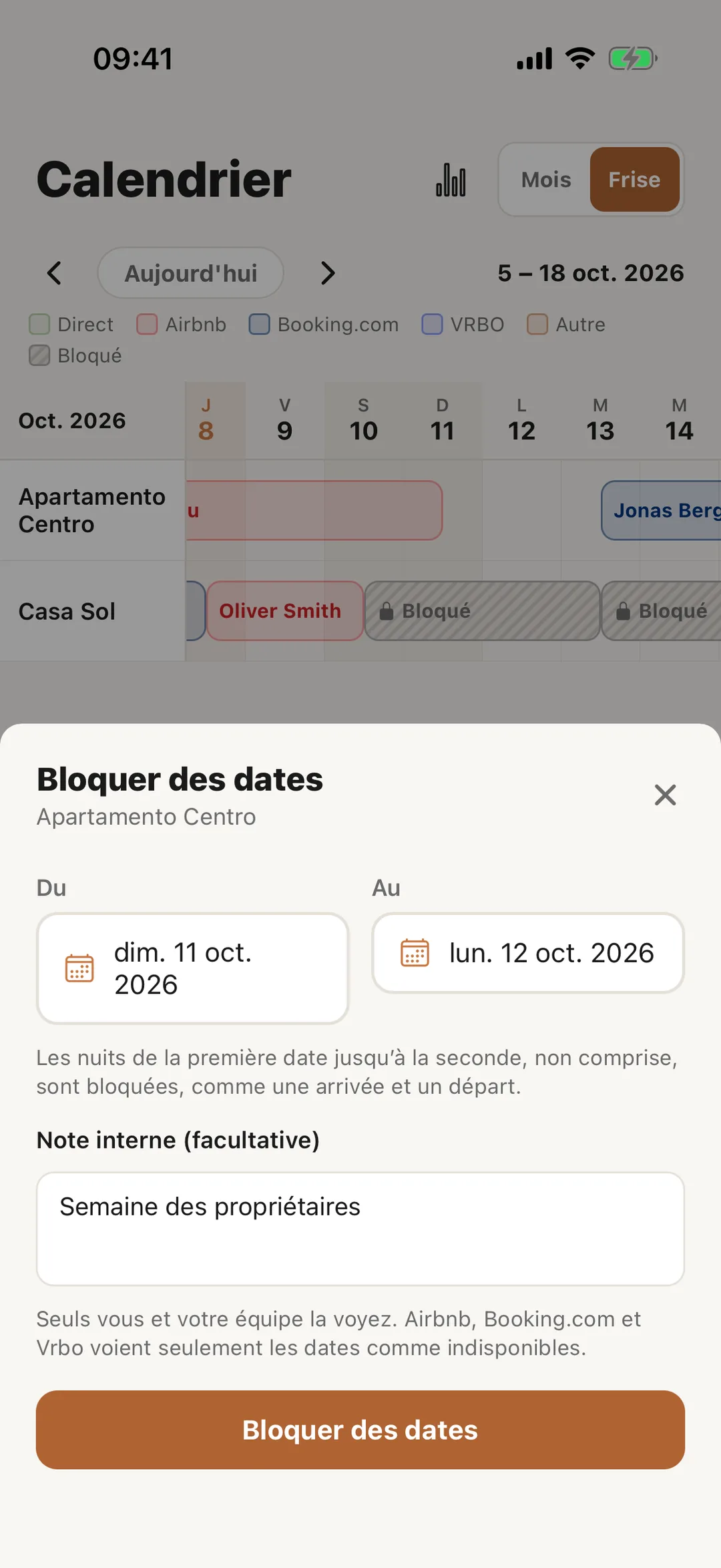 Capture d’écran : Bloquer des dates dans l’application