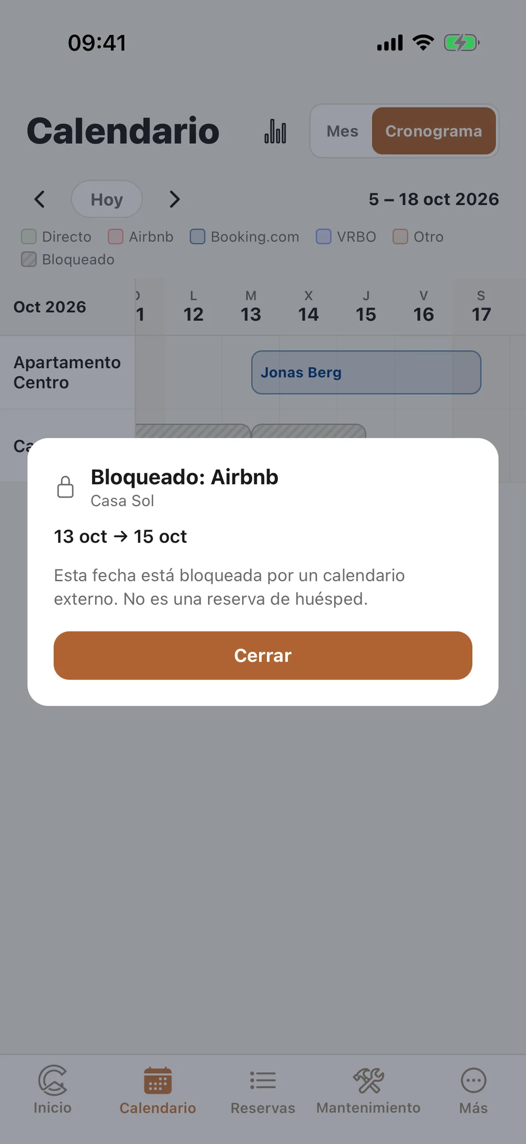 Captura de pantalla: Fechas bloqueadas en Calendario