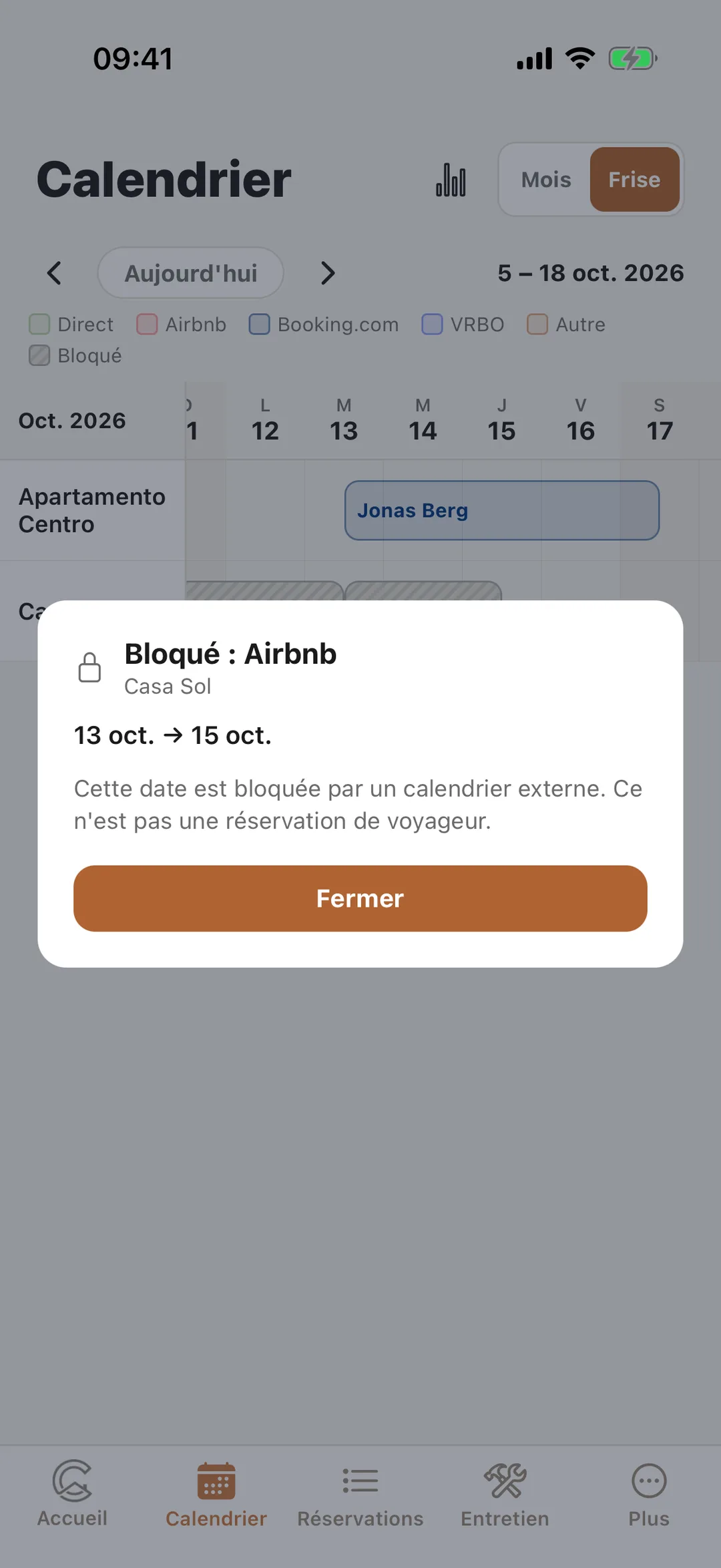 Capture d’écran : Les dates bloquées dans Calendrier