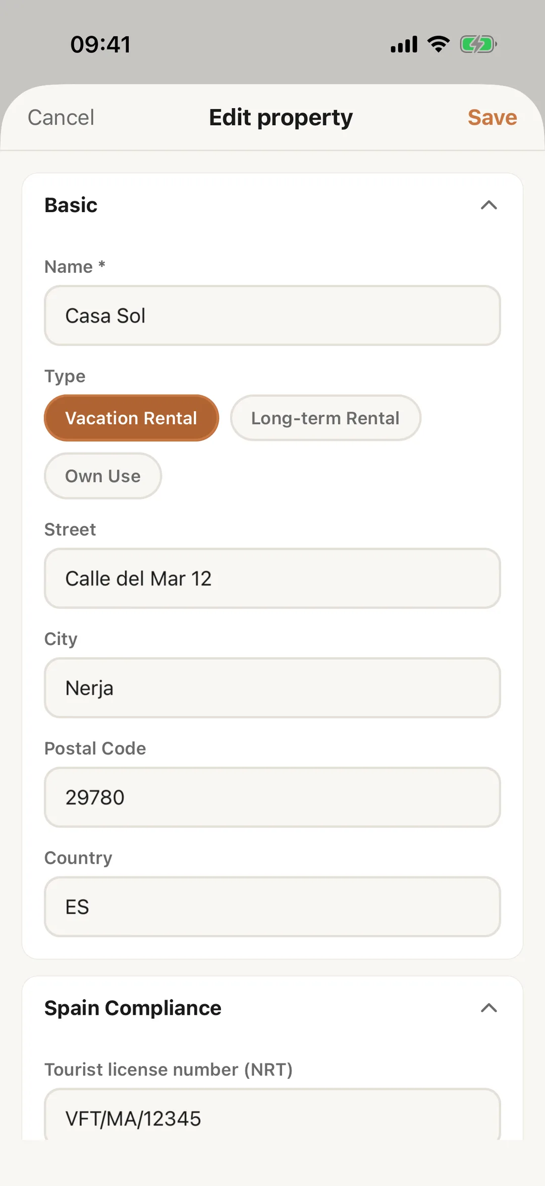 Screenshot: Edit a property in the app