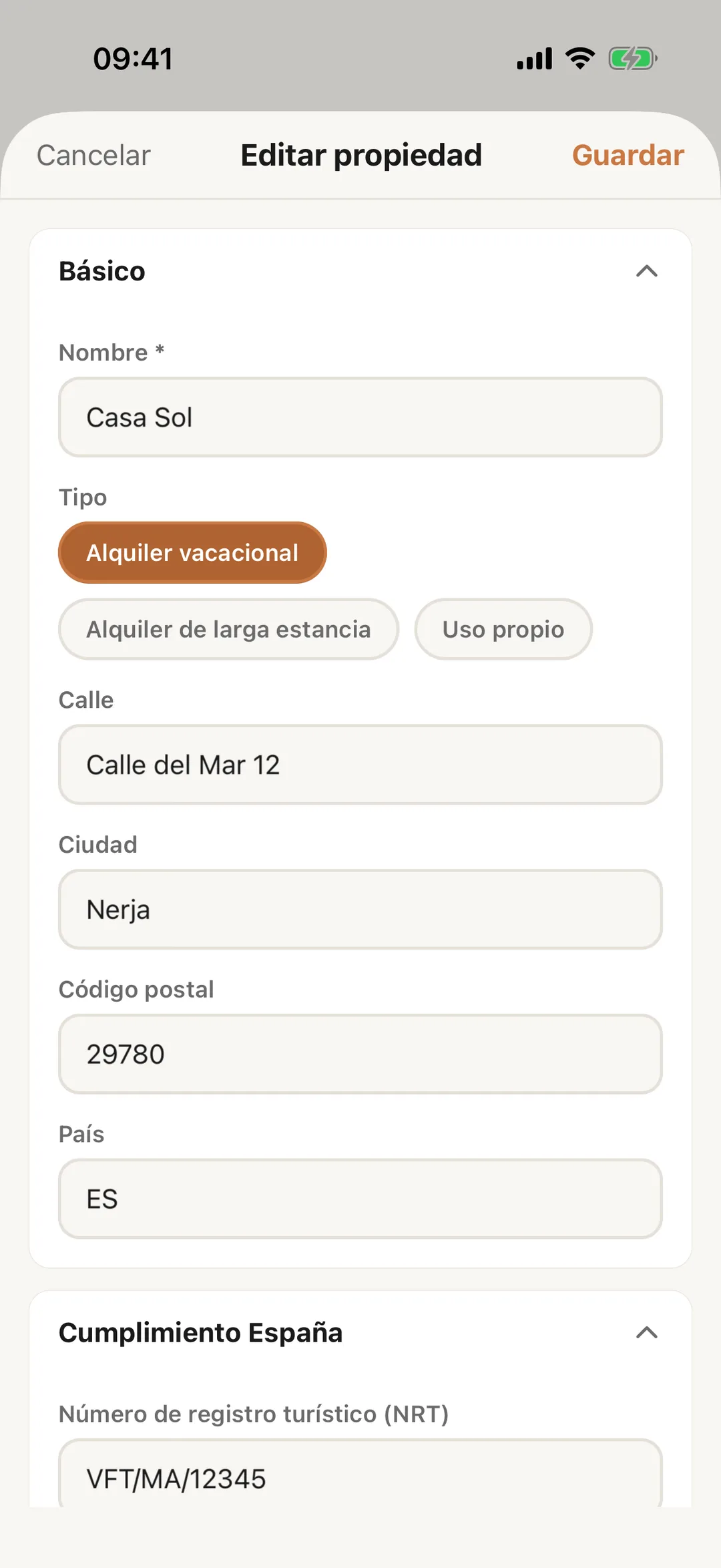Captura de pantalla: Edita una propiedad en la app