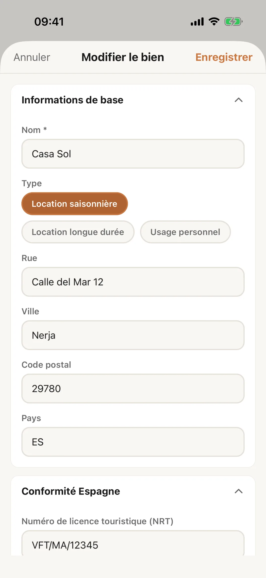 Capture d’écran : Modifier un bien dans l’application