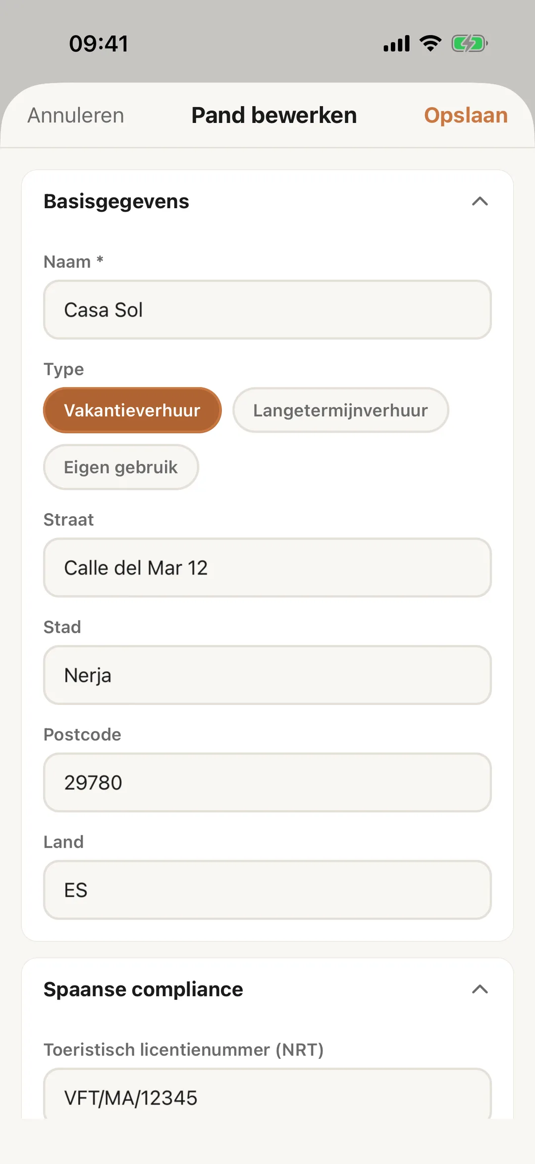 Schermafbeelding: Een pand bewerken in de app