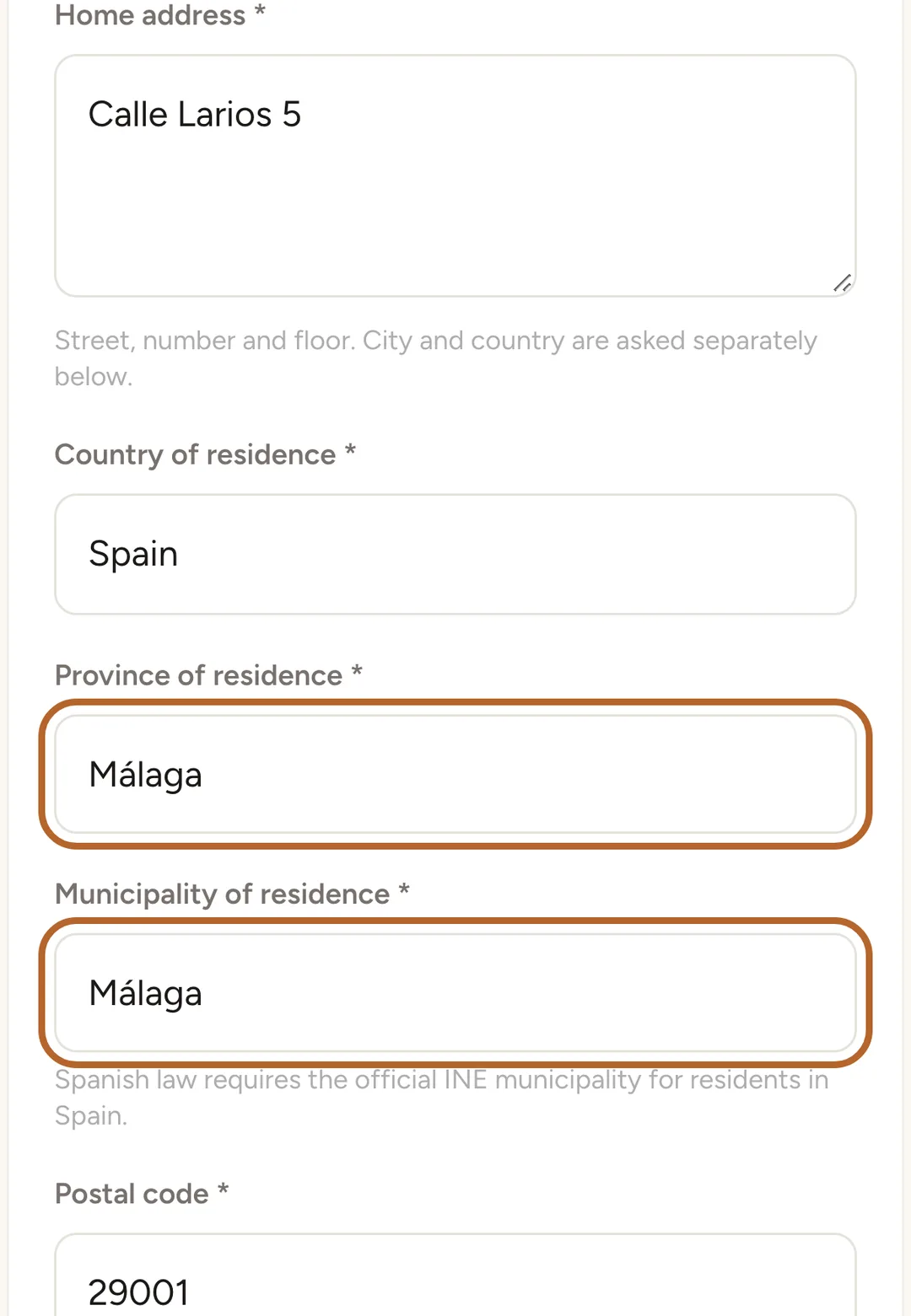 Screenshot: Enter your address