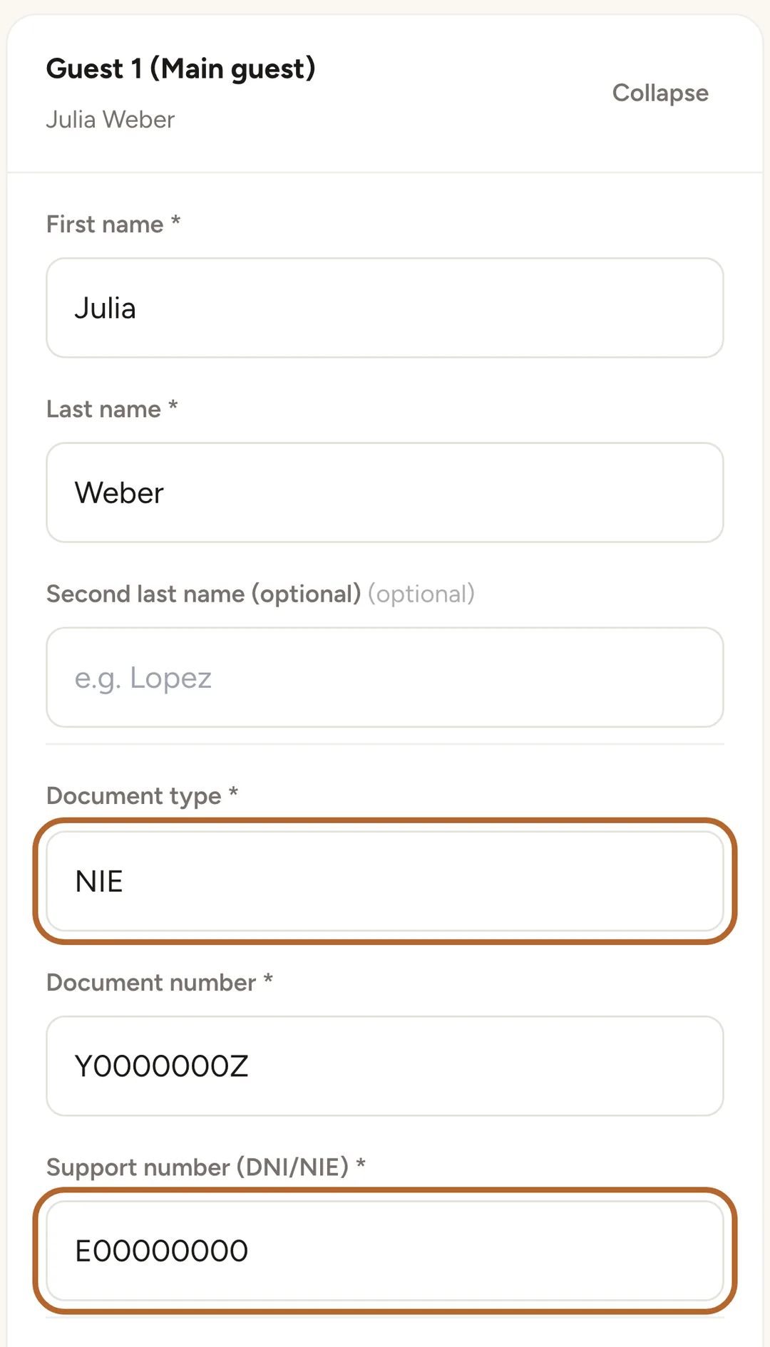 Screenshot: Fill in the main guest