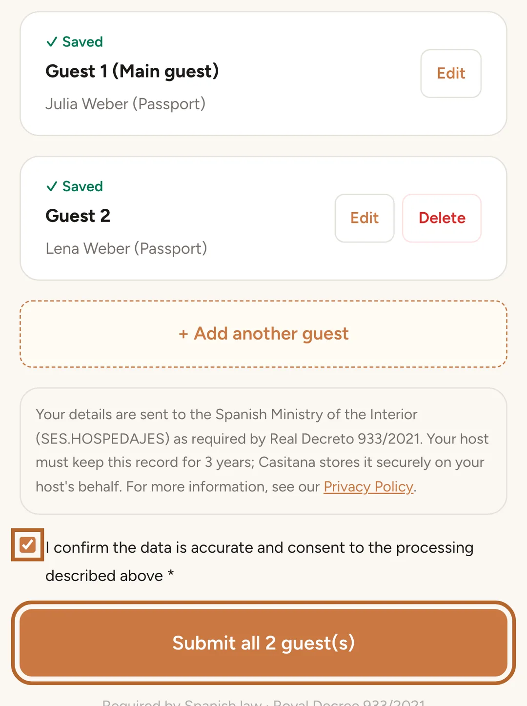 Screenshot: Send the registration