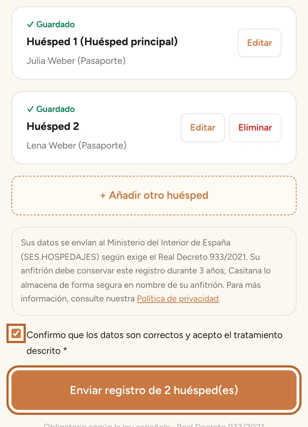 Captura de pantalla: Envía el registro