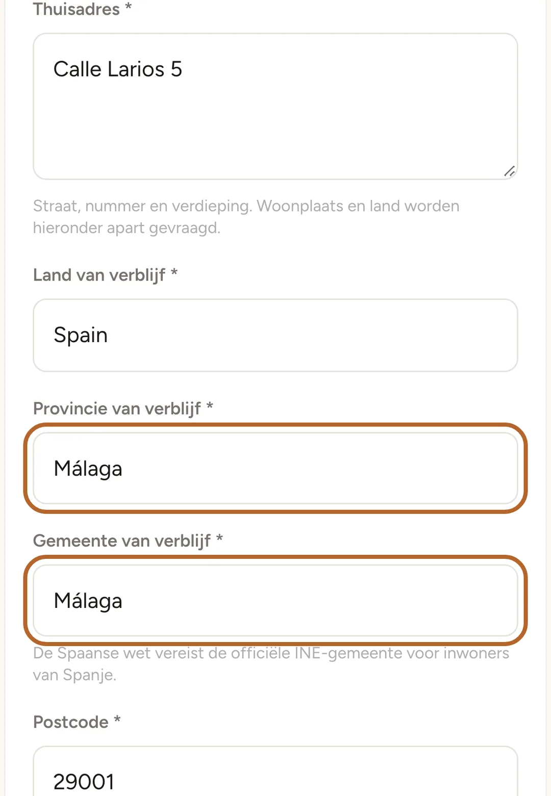 Schermafbeelding: Vul je adres in