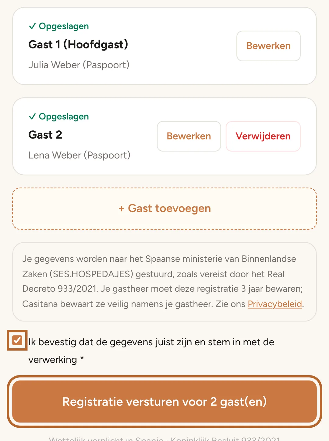 Schermafbeelding: Verstuur de registratie