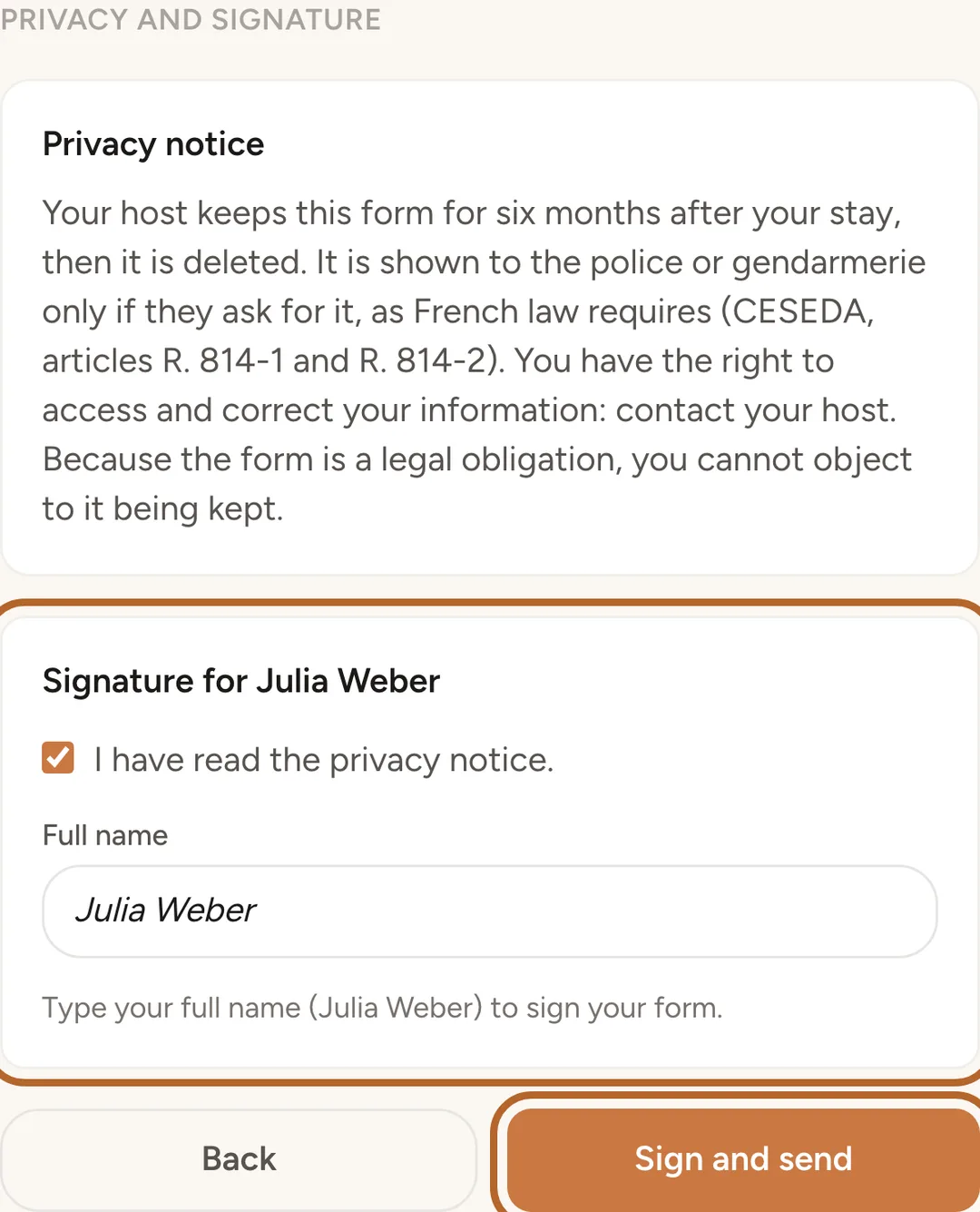 Screenshot: Sign and send