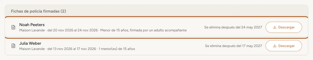Captura de pantalla: La lista de fichas firmadas