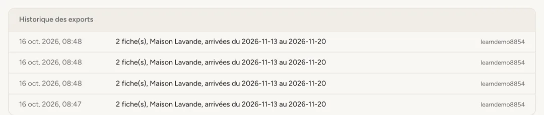 Capture d’écran : Historique des exports