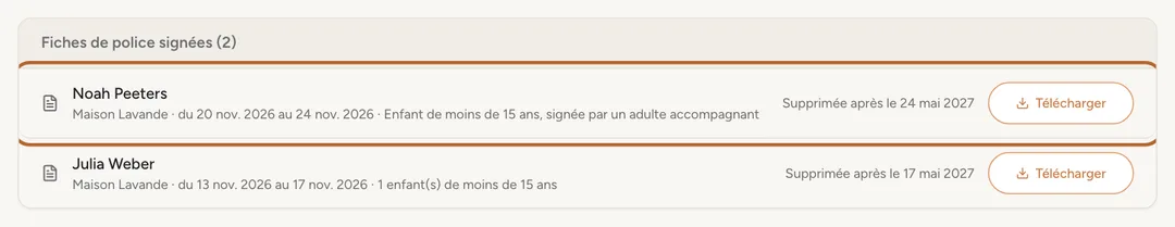 Capture d’écran : La liste des fiches signées