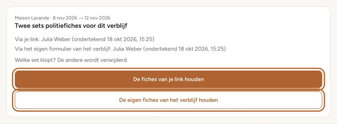 Schermafbeelding: Twee sets fiches voor één verblijf