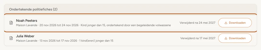 Schermafbeelding: De lijst met ondertekende fiches