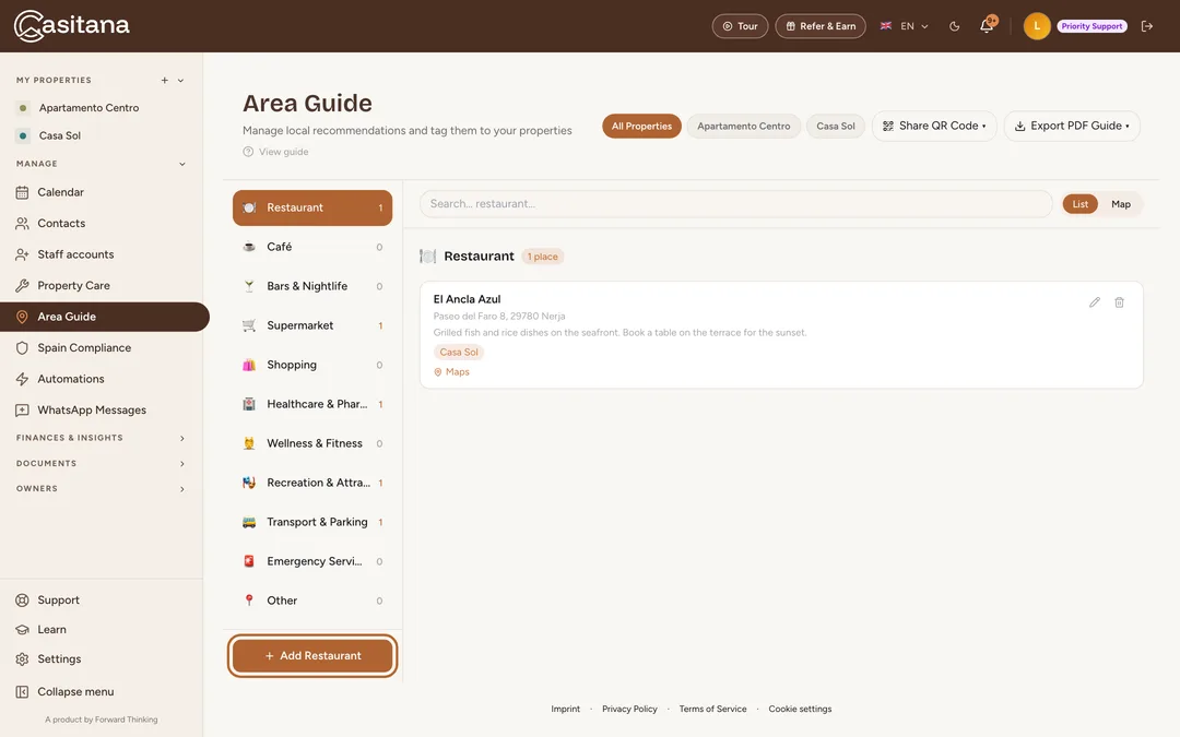Screenshot: Open the area guide