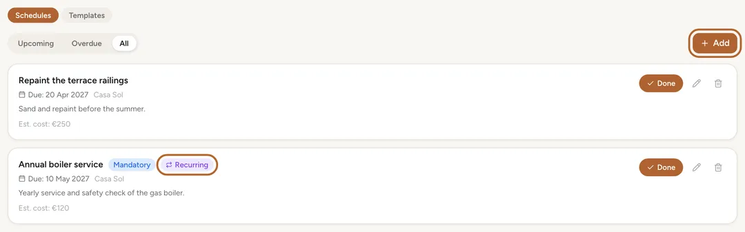 Screenshot: Your maintenance schedules