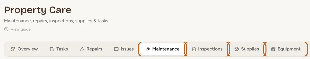 Screenshot: Four tabs in Property Care
