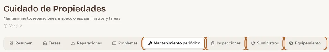 Captura de pantalla: Cuatro pestañas en Cuidado de Propiedades