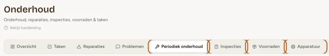 Schermafbeelding: Vier tabbladen in Onderhoud