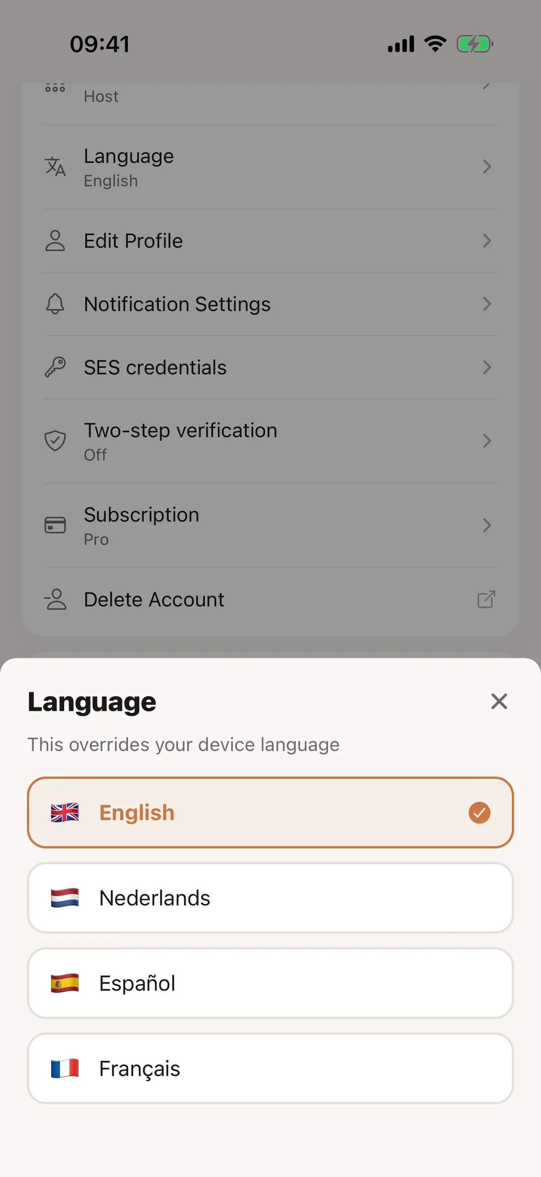 Screenshot: The app’s language