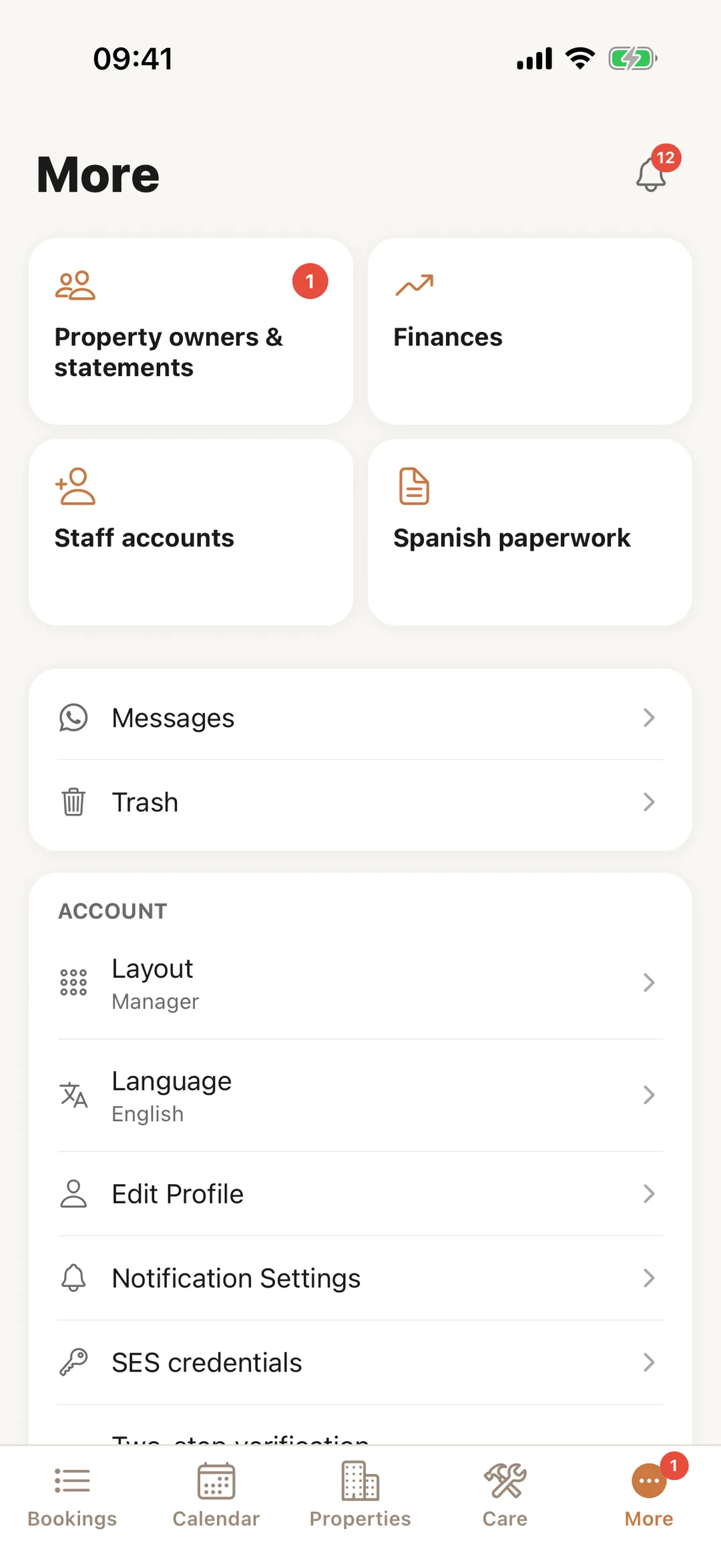Screenshot: More, as a manager