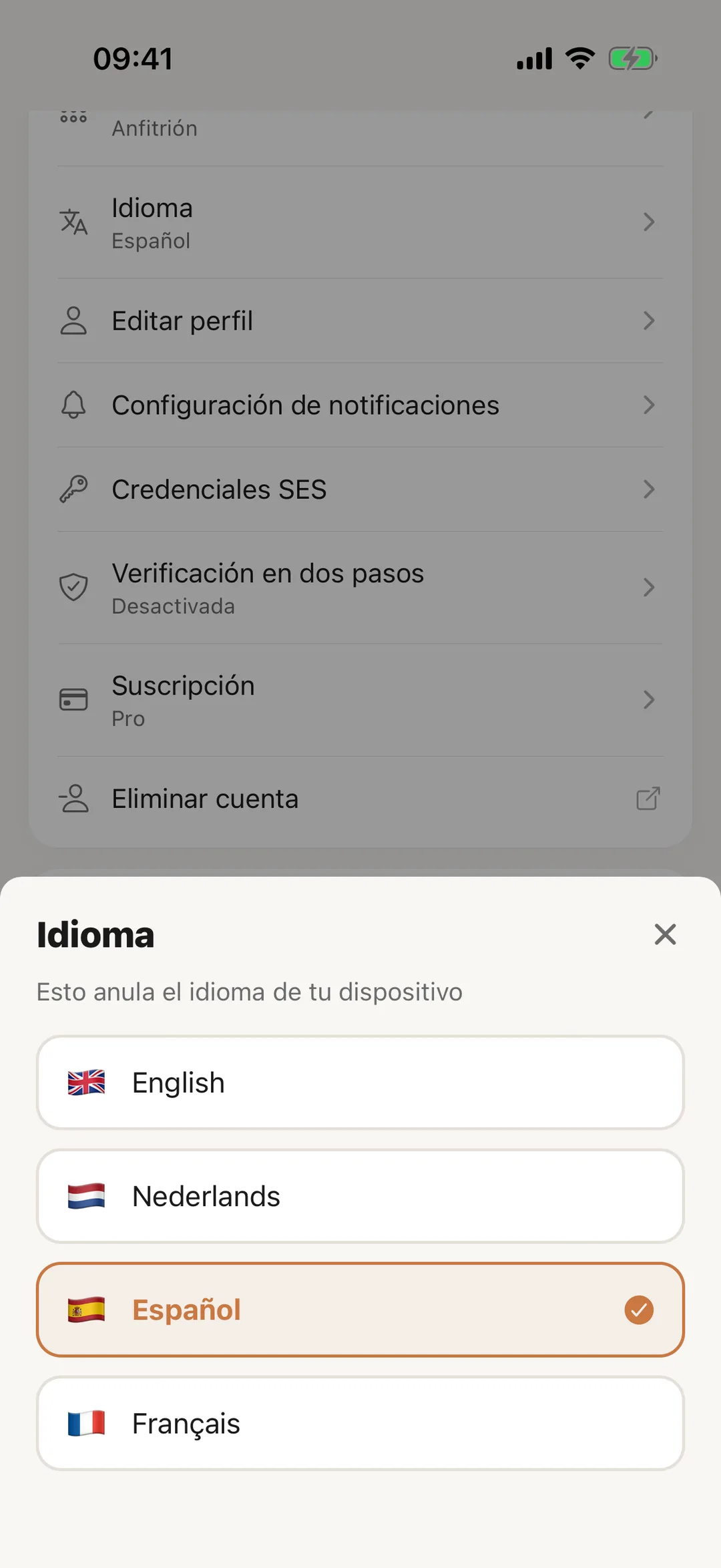 Captura de pantalla: El idioma de la app