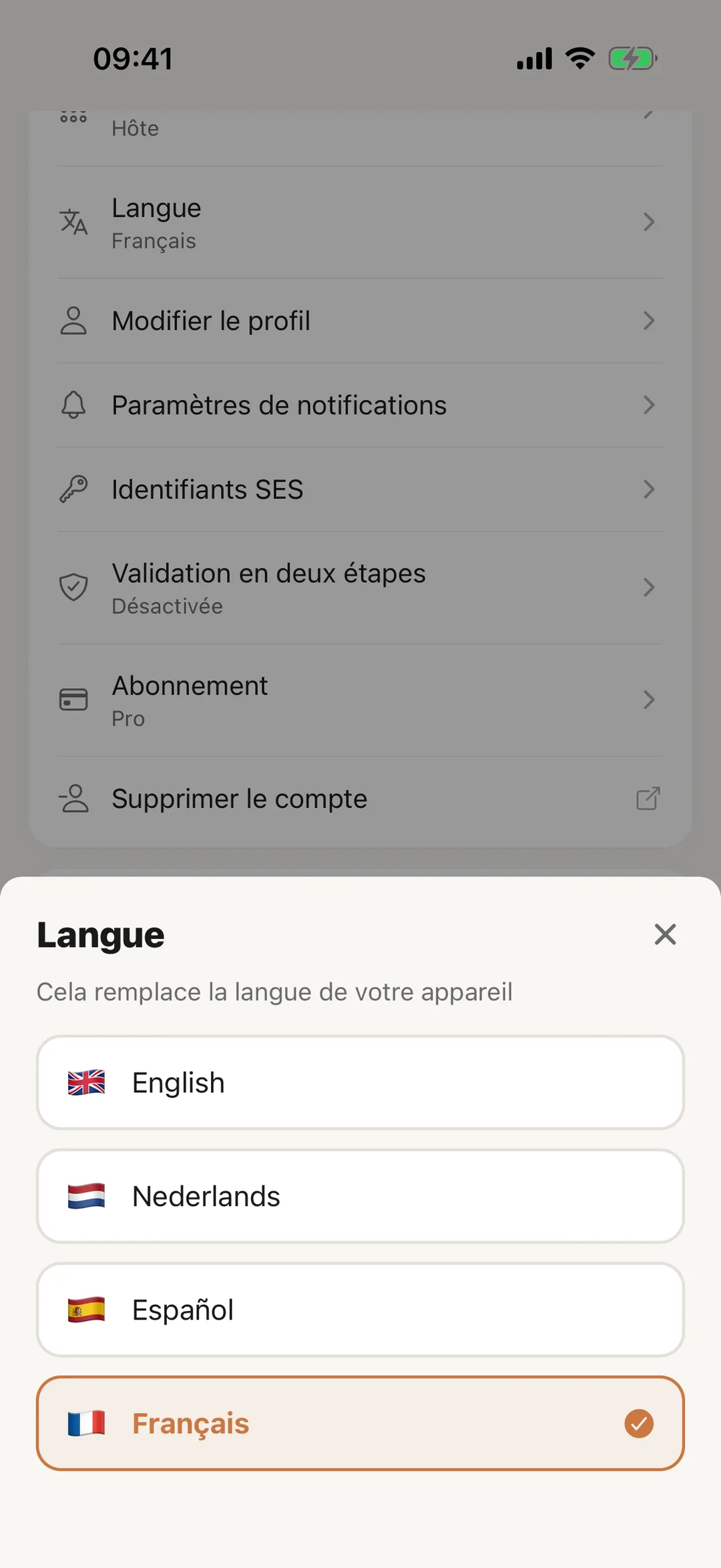 Capture d’écran : La langue de l’application
