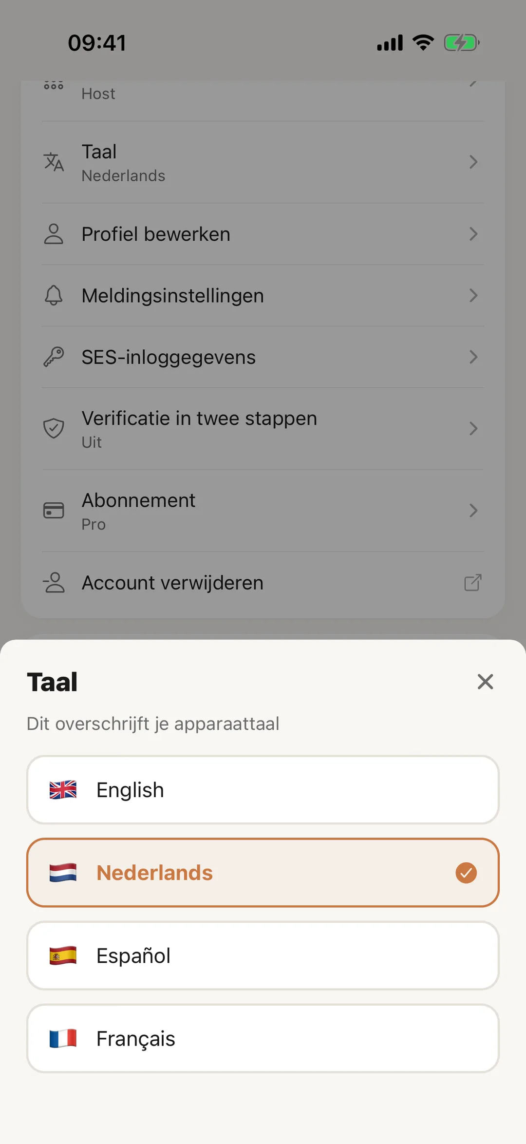 Schermafbeelding: De taal van de app