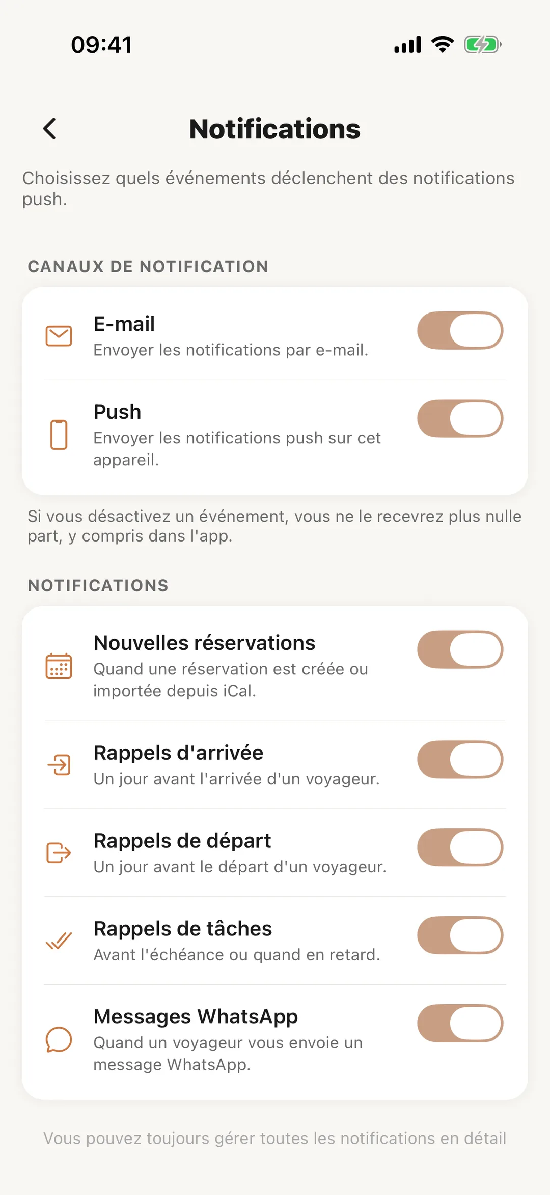 Capture d’écran : Les réglages de notifications de l’application