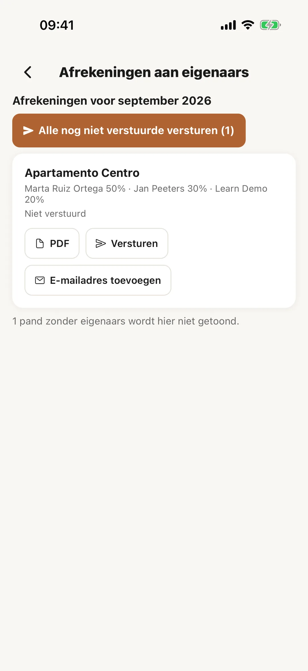Schermafbeelding: De afrekeningen van vorige maand in de app