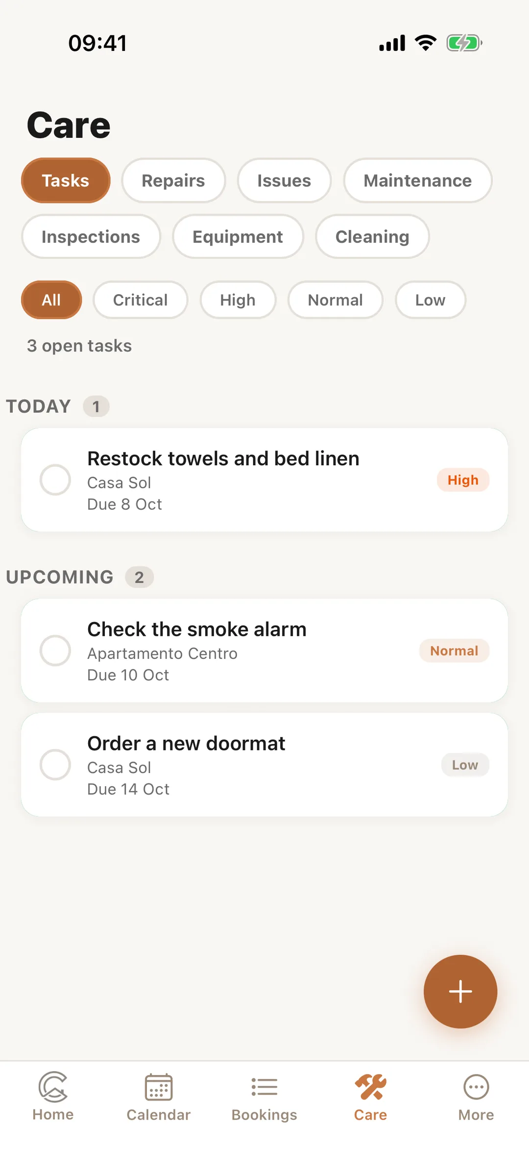 Screenshot: The Care tab