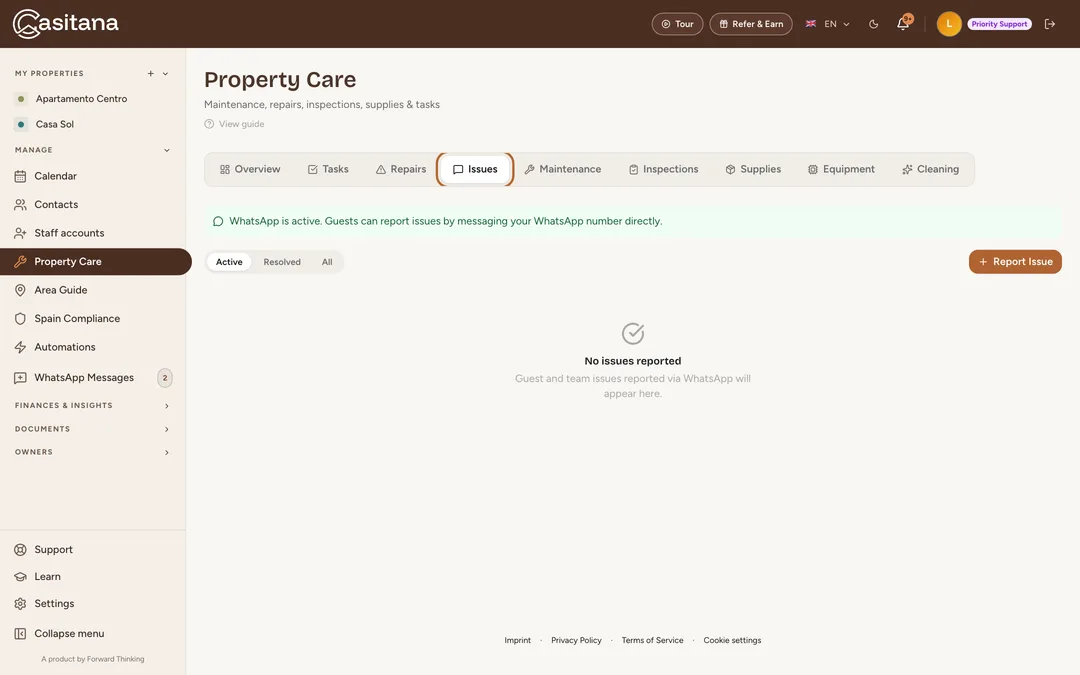 Screenshot: Issues reported by guests and your team