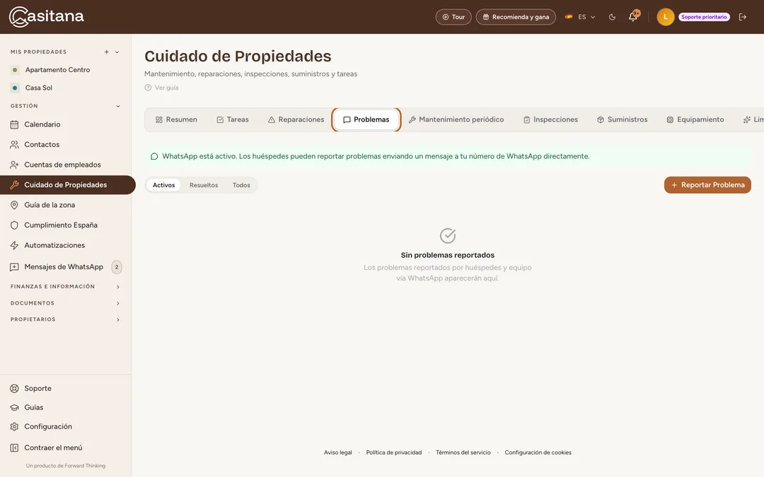 Captura de pantalla: Incidencias de huéspedes y de tu equipo