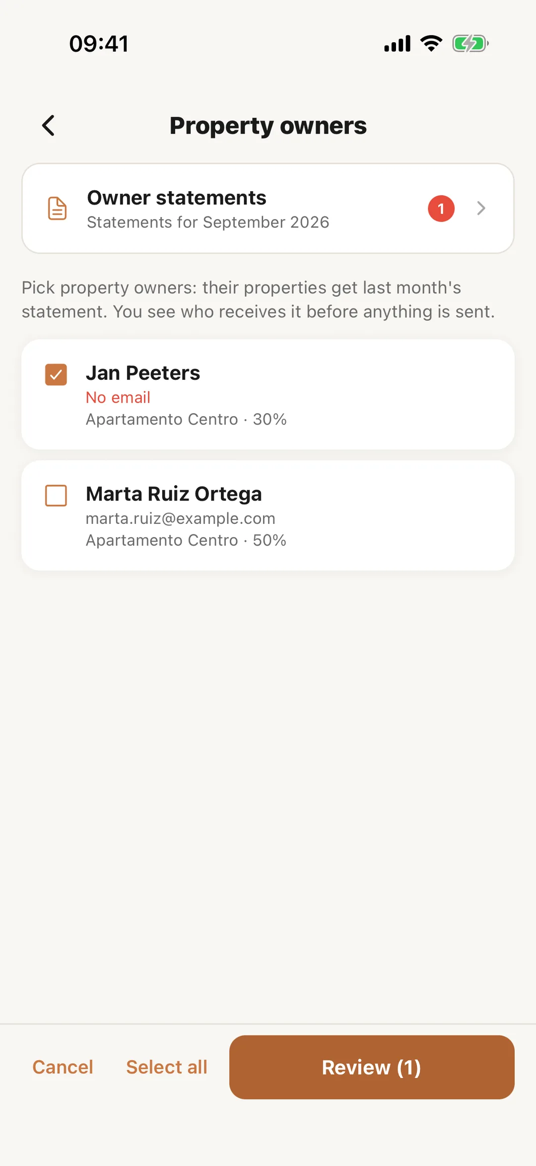 Screenshot: Send statements from the app