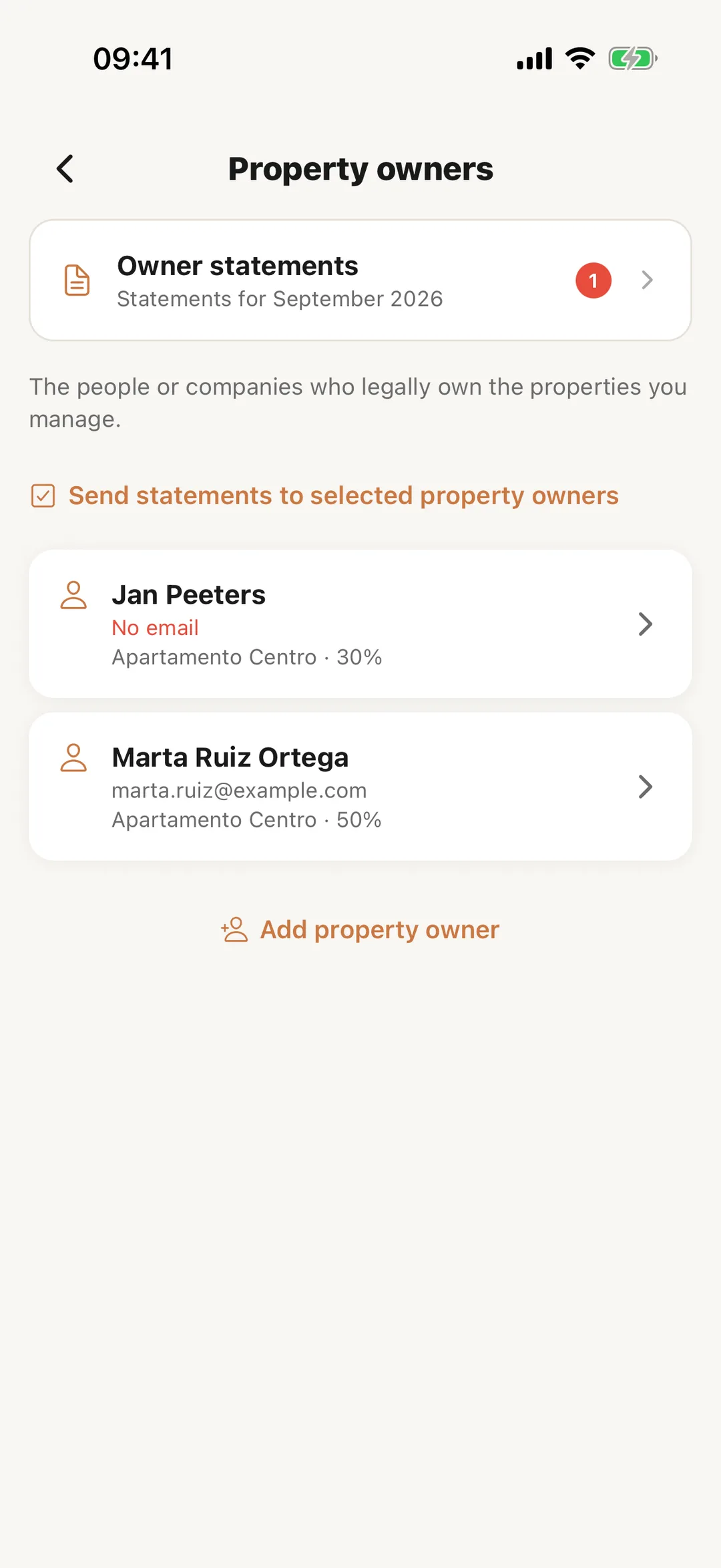 Screenshot: Your property owners in the app