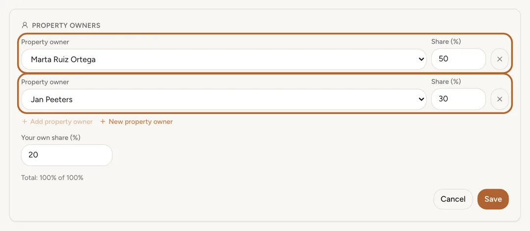 Screenshot: Add property owners and their shares