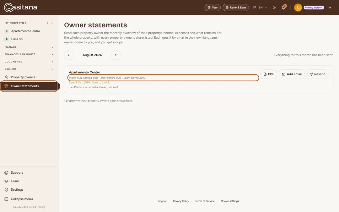Screenshot: Open owner statements
