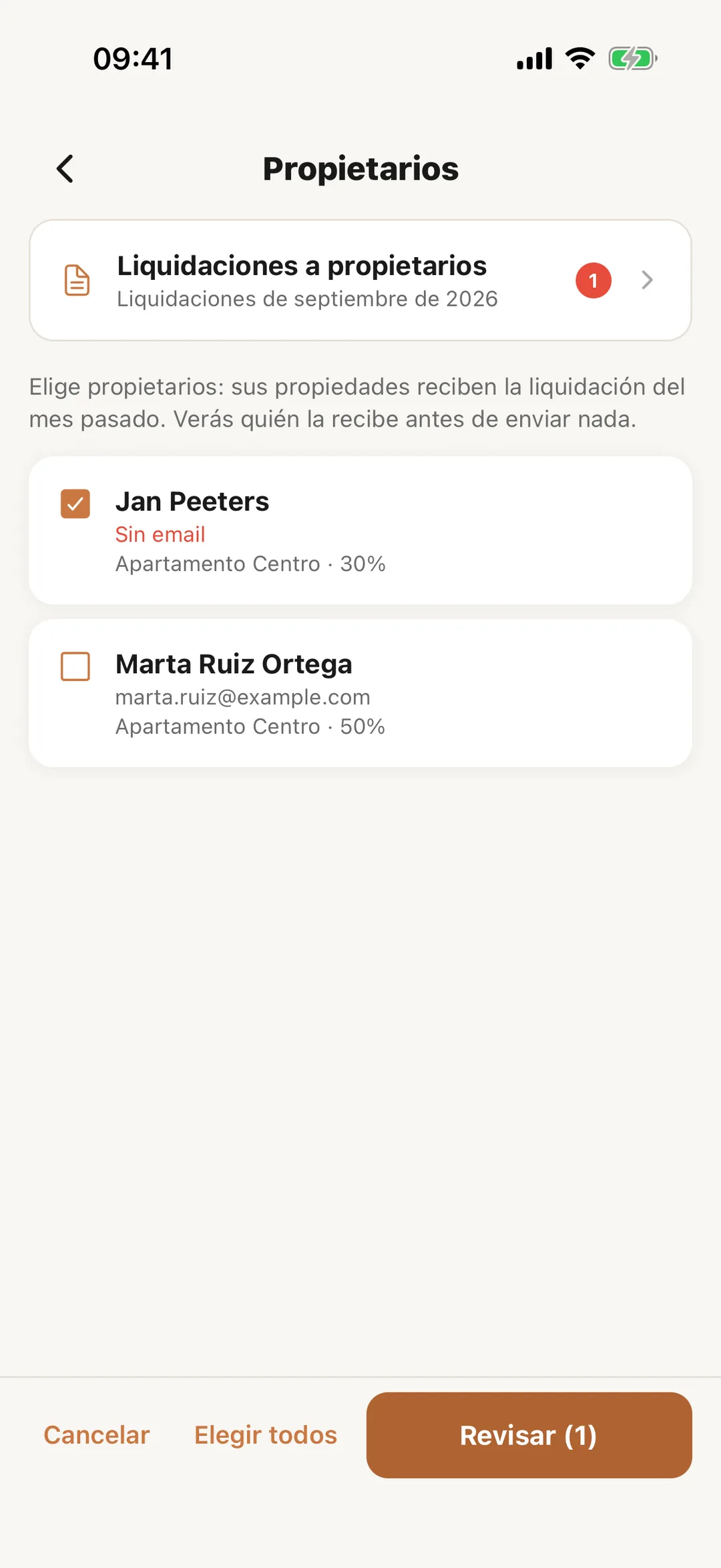 Captura de pantalla: Enviar liquidaciones desde la app
