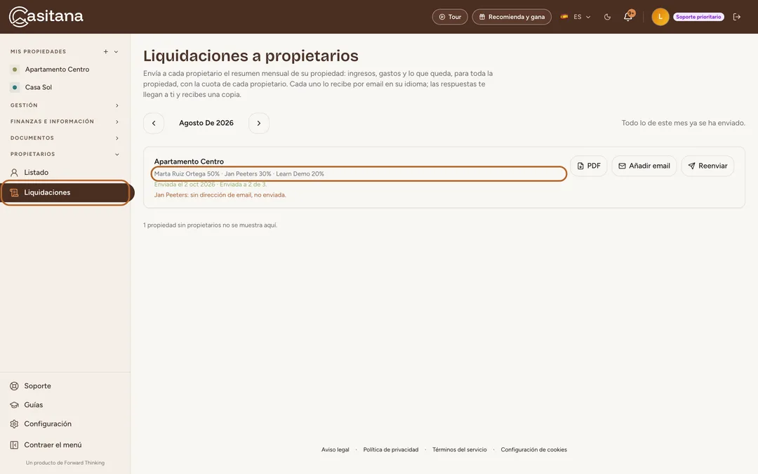 Captura de pantalla: Abrir las liquidaciones