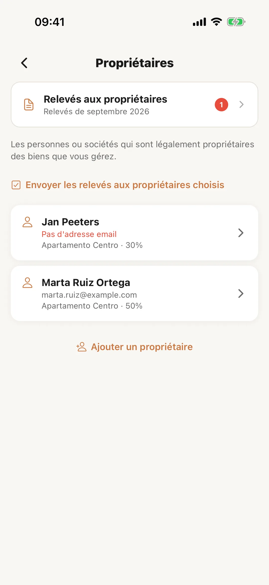 Capture d’écran : Vos propriétaires dans l’application