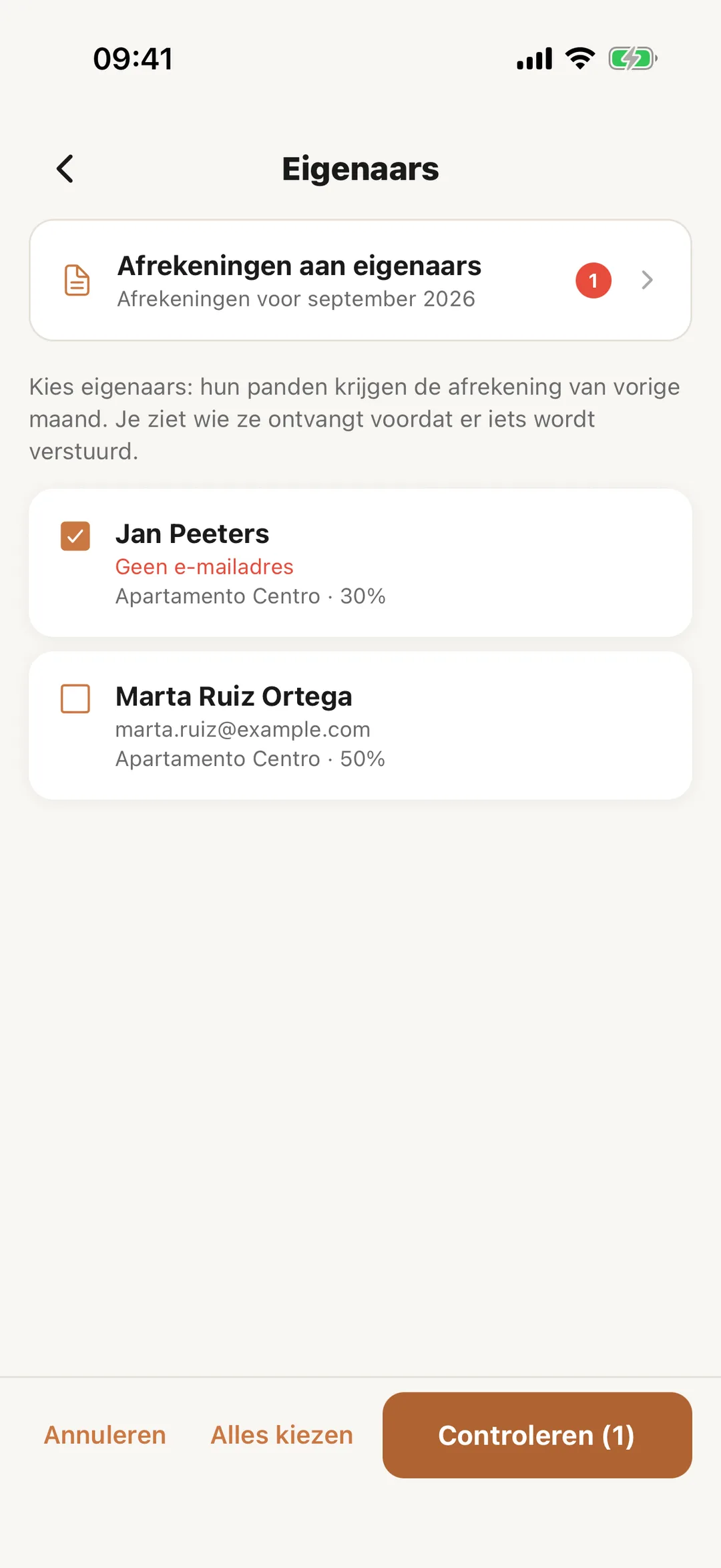 Schermafbeelding: Afrekeningen versturen vanuit de app