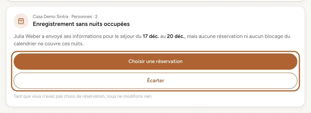 Capture d’écran : Aucune réservation sur ces nuits